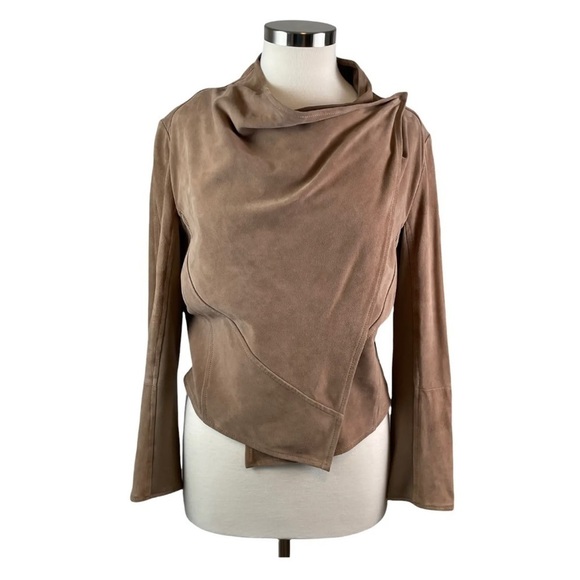 Lamarque Collection Medium Tan Madison Goat-suede Drape Front Moto jacket - Picture 1 of 16